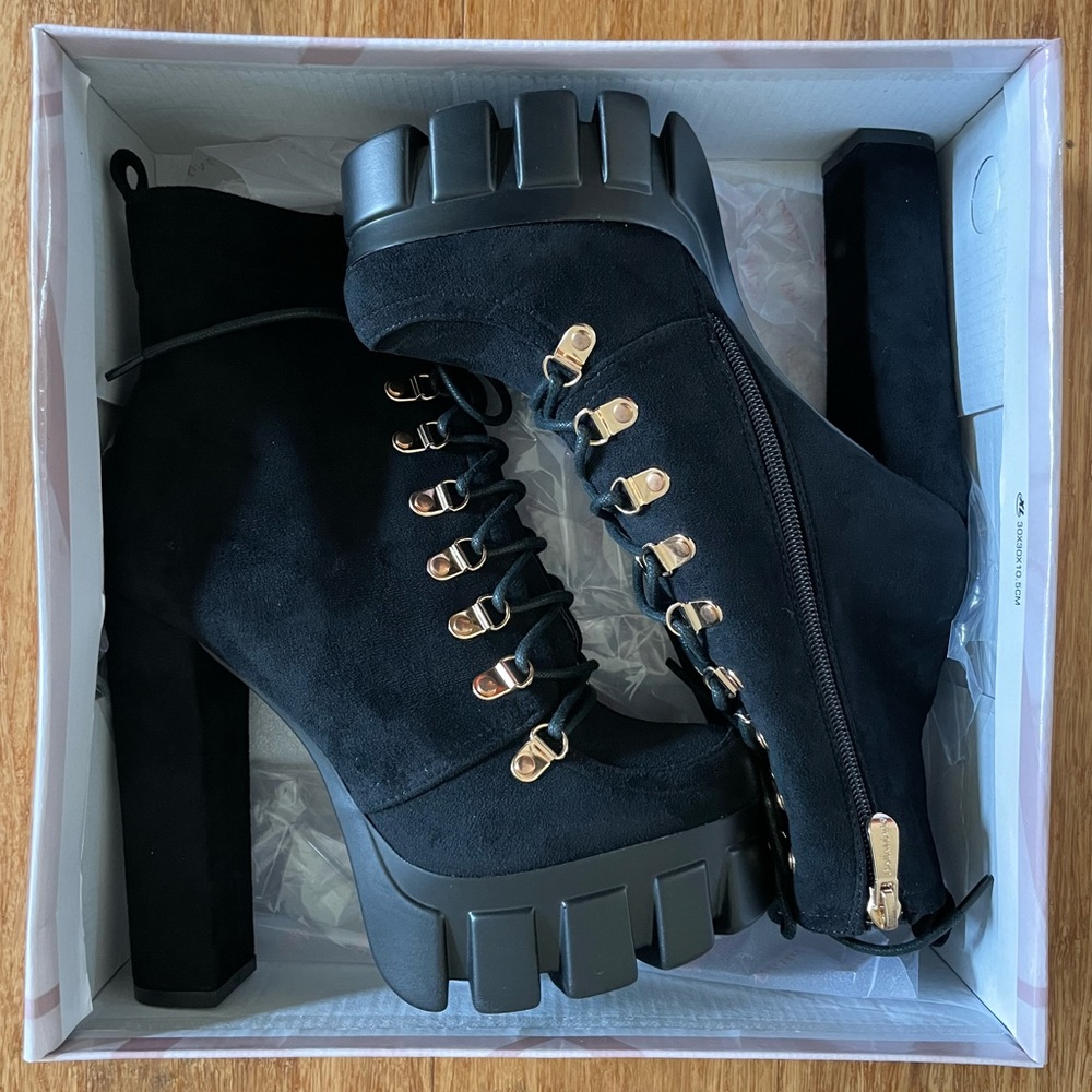 Black suede booties. BRAND NEW. Heel 5.25”, platform 1.5”.